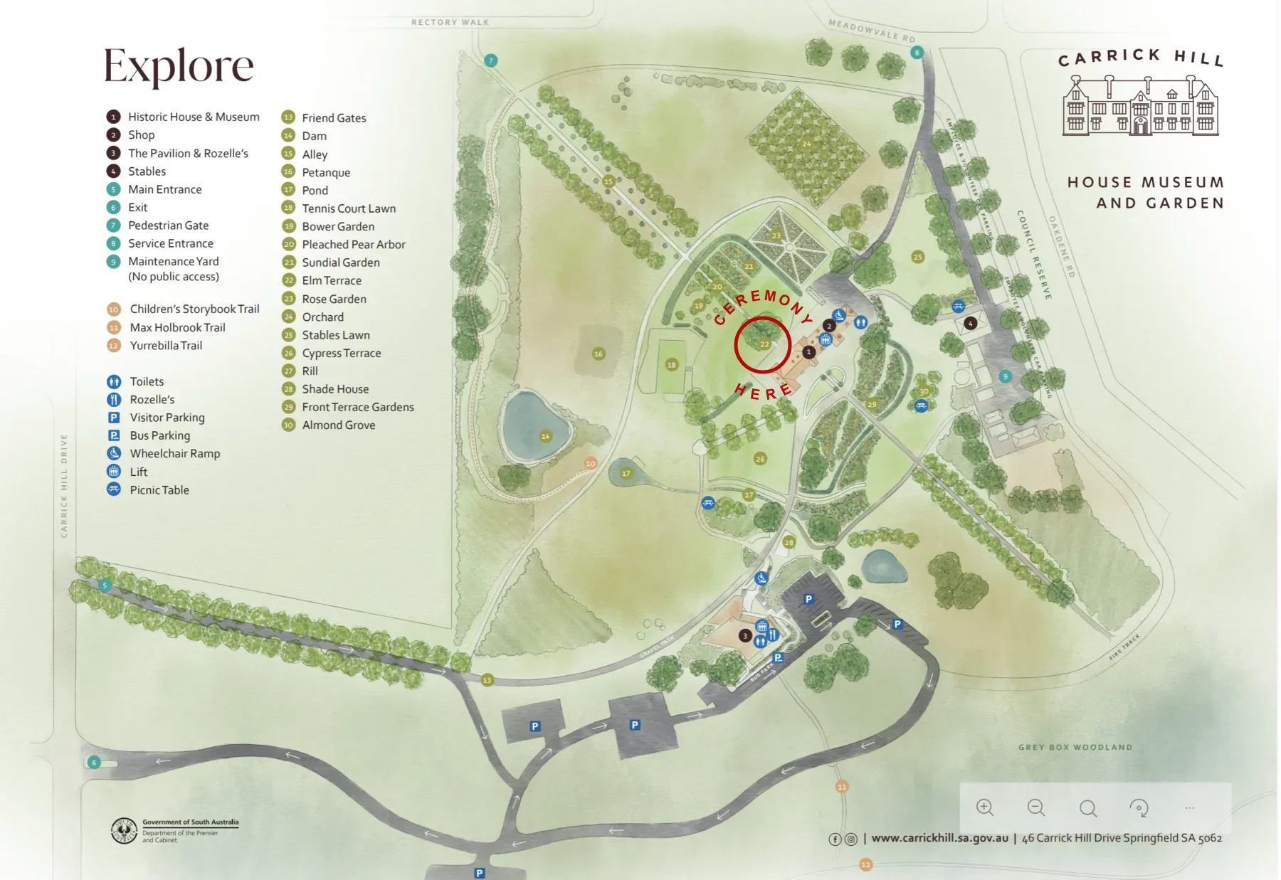 Map of Carrick Hill House Museum and Garden with marker 22 circled and labelled as the ceremony location